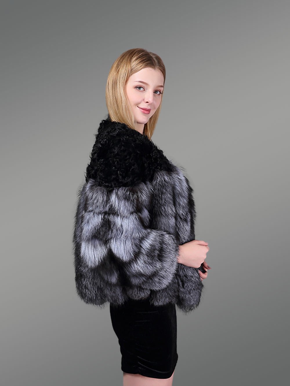 Womens Fox Fur Short Coat With Accentuated Shoulder - Image 3