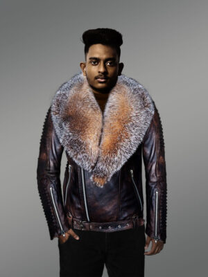 Coffee Leather Jacket with Crystal Fox Fur Collar for Men