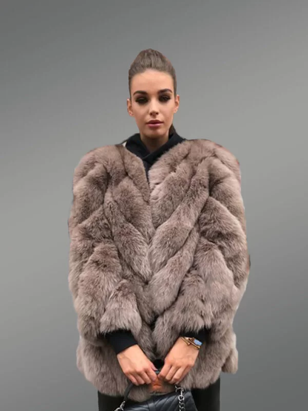 Brown Grey oversized fur mid-length coat for women - Image 5