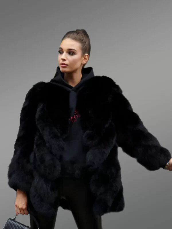 Brown Grey oversized fur mid-length coat for women - Image 3