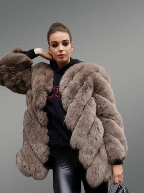 Brown Grey oversized fur mid-length coat for women - Image 2