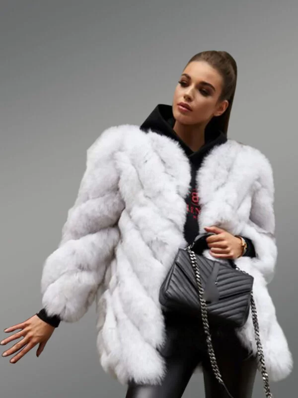 Brown Grey oversized fur mid-length coat for women - Image 4