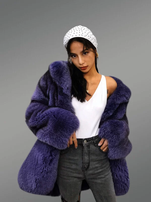 Women’s Mid-Length Navy Real Fox Fur Winter Coat with Stylish Turn down Collar - Image 3