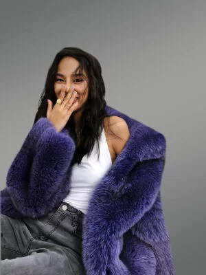 Women’s Mid-Length Navy Real Fox Fur Winter Coat with Stylish Turn down Collar