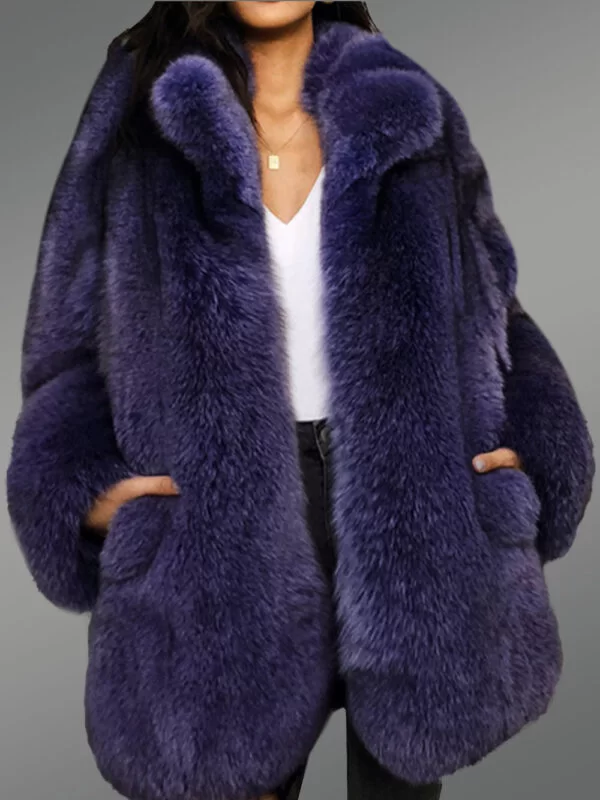 Women’s Mid-Length Navy Real Fox Fur Winter Coat with Stylish Turn down Collar - Image 2