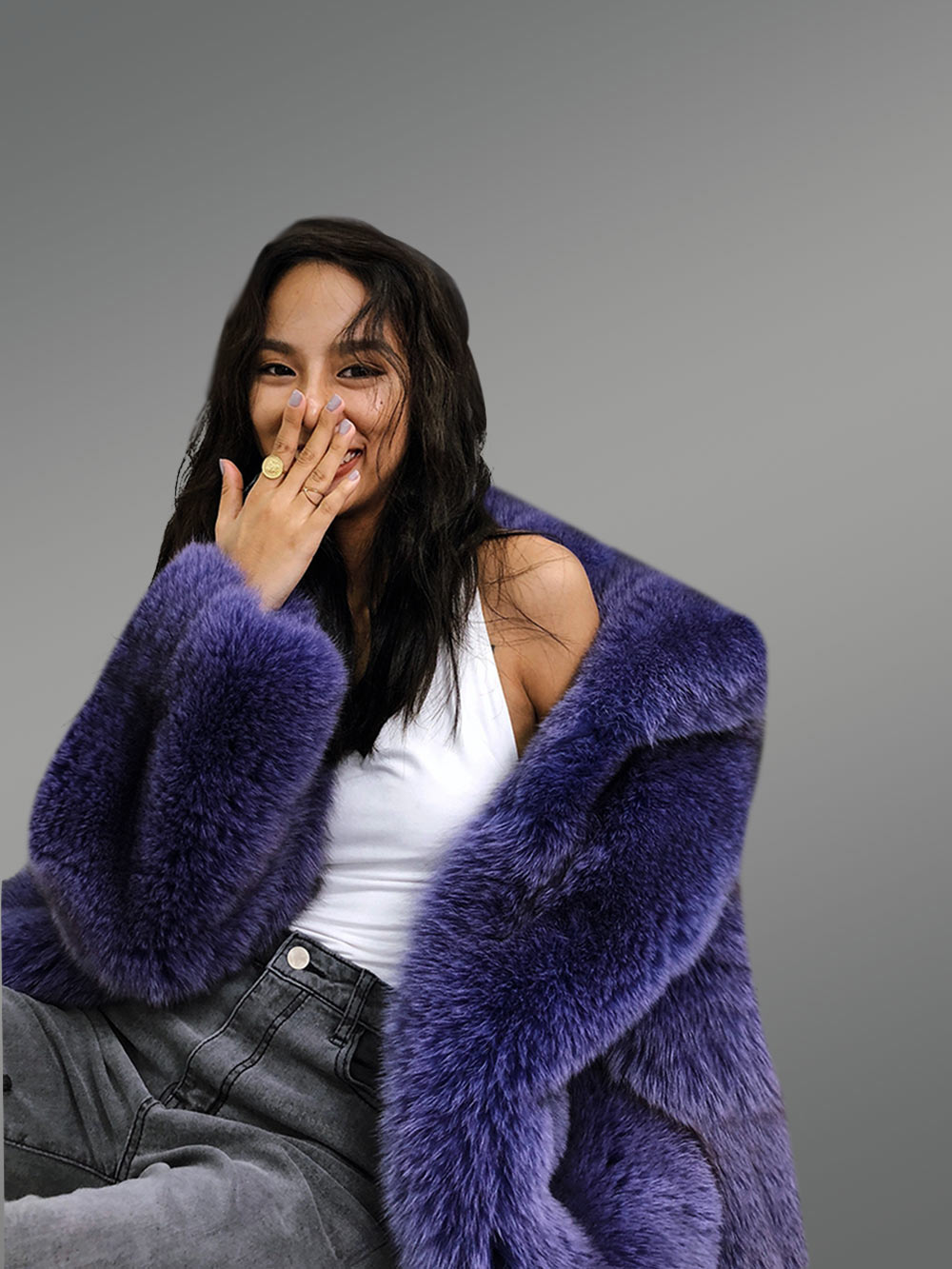 Women’s Mid-Length Navy Real Fox Fur Winter Coat with Stylish Turn down Collar