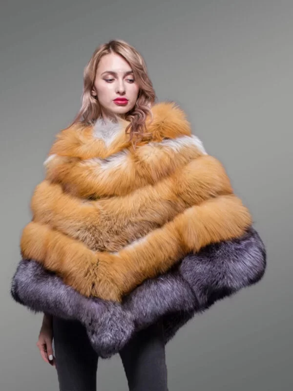 Women’s Stylish And Unique Triangular Poncho Style Multi-Color Real Fur Winter Coat - Image 3