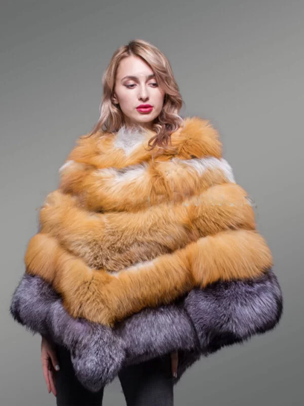 Women’s Stylish And Unique Triangular Poncho Style Multi-Color Real Fur Winter Coat - Image 4