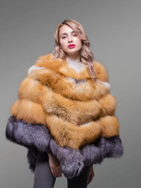 poncho style multi-color real fur winter coat