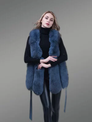 real fox fur incredibly warm winter vest for women in blue