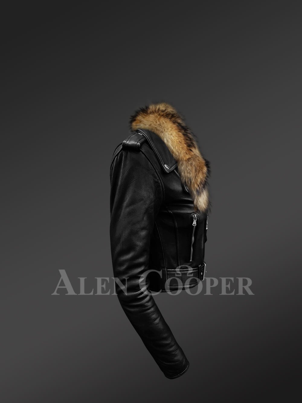 Iconic Black Super Stylish Real Leather Asymmetrical Zipper Closure Biker Jacket for Women with Raccoon Fur Collar - Image 3