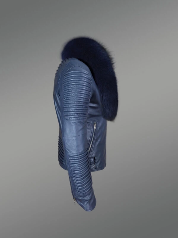 Navy blue leather biker jacket with shawl-style lapel of fox fur - Image 2