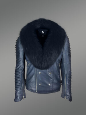 Navy blue leather biker jacket with shawl-style lapel of fox fur