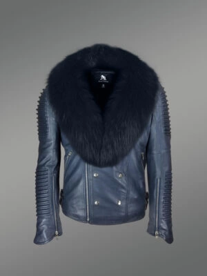 Navy blue leather biker jacket with shawl-style lapel of fox fur