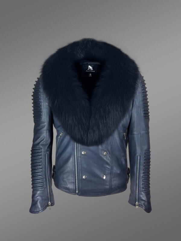 Navy blue leather biker jacket with shawl-style lapel of fox fur