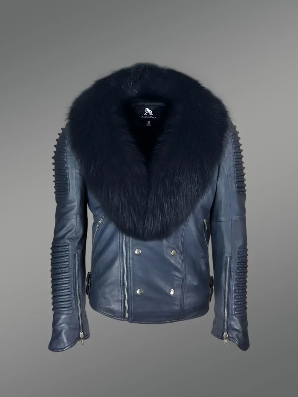 Navy blue leather biker jacket with shawl-style lapel of fox fur