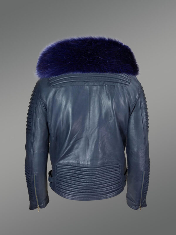 Navy blue leather biker jacket with shawl-style lapel of fox fur - Image 3