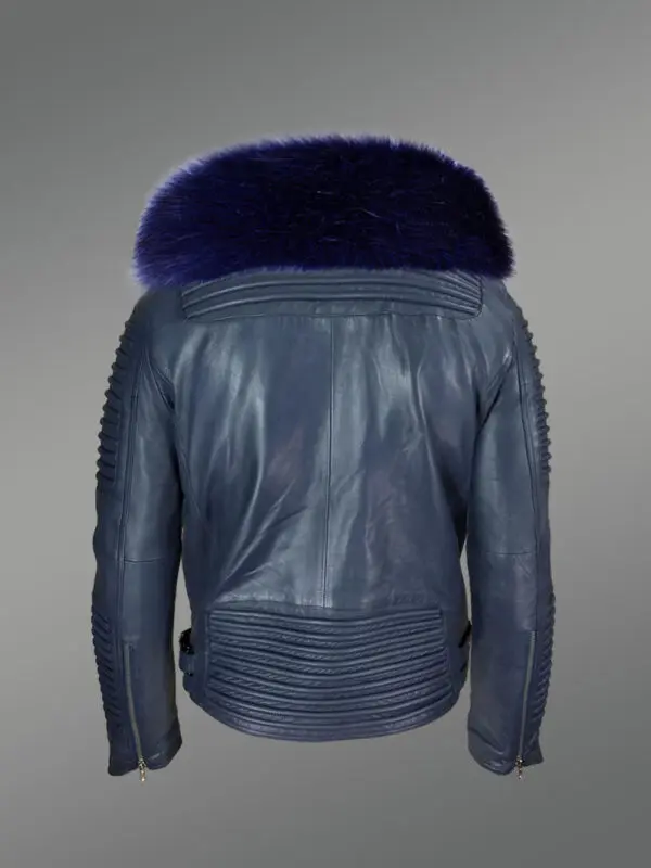 Navy blue leather biker jacket with shawl-style lapel of fox fur - Image 3