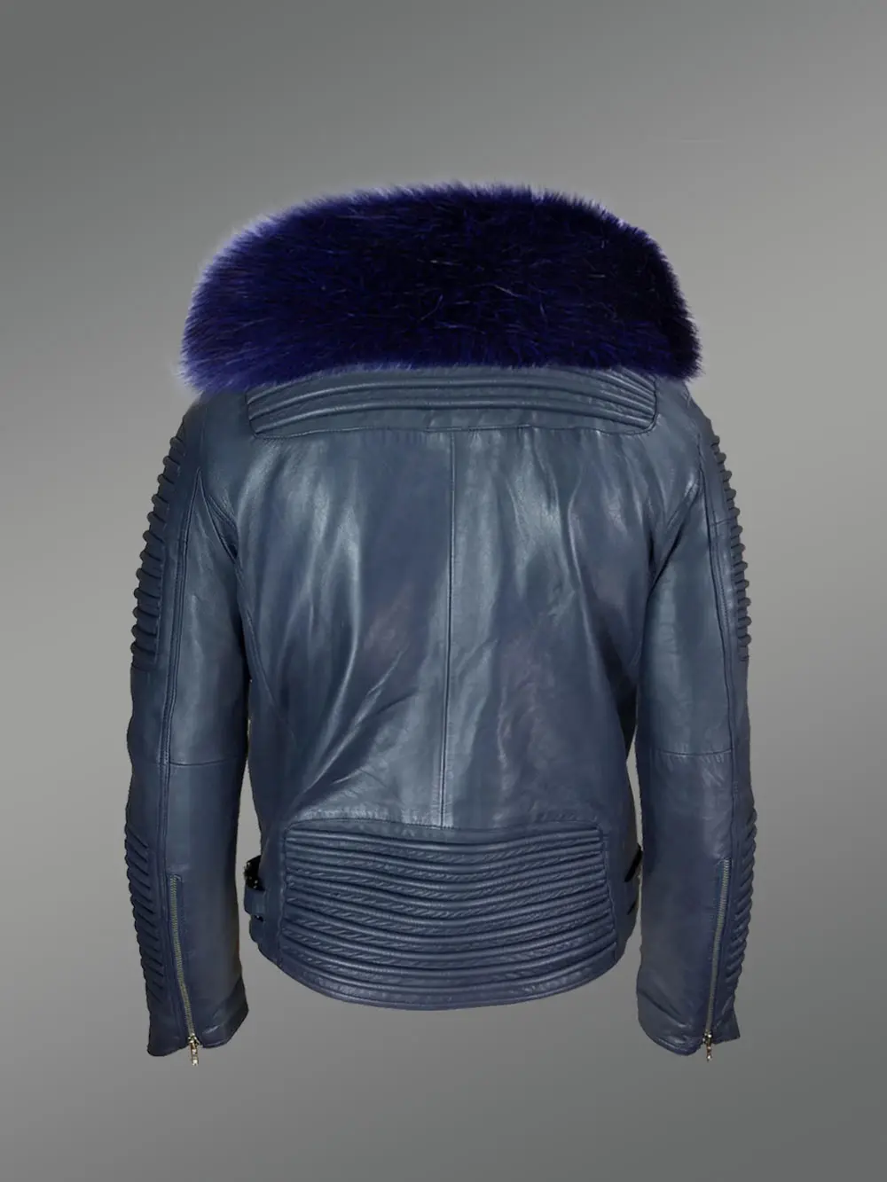 Navy blue leather biker jacket with shawl-style lapel of fox fur - Image 3