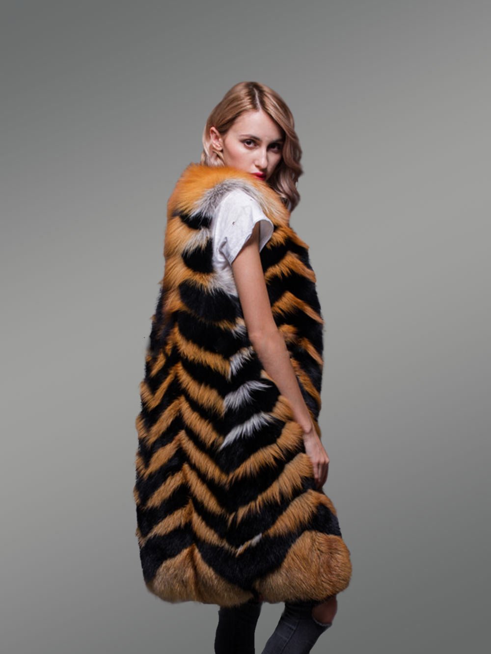 Super Stylish Super Warm Long Women’s Real Fox Furry Winter Vest - Image 3