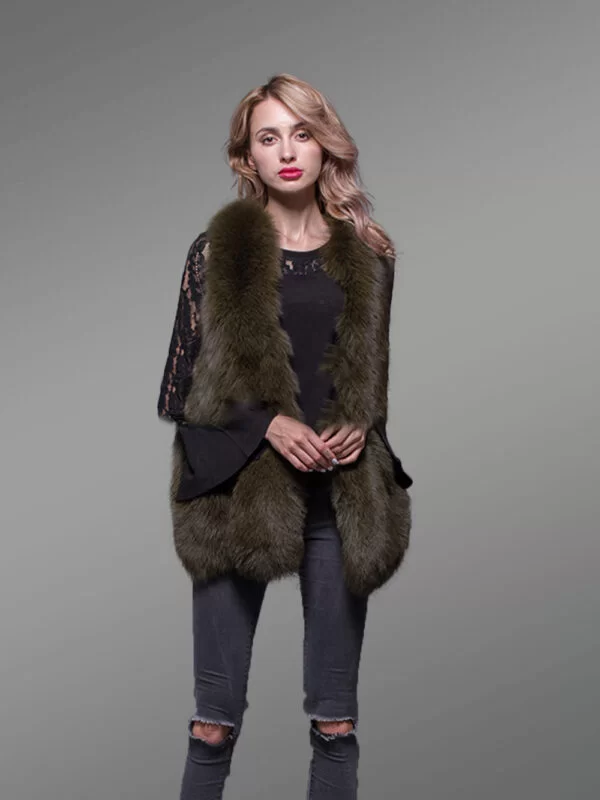 Women’s Super Stylish and Unique Real Fox Fur Winter Vest in Rich Olive - Image 3