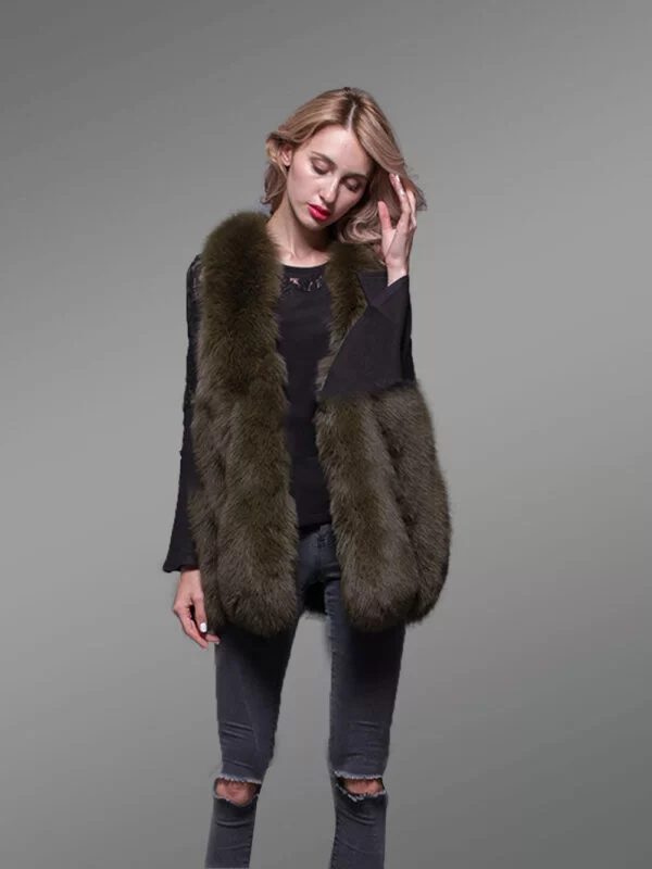 Women’s Super Stylish and Unique Real Fox Fur Winter Vest in Rich Olive - Image 4