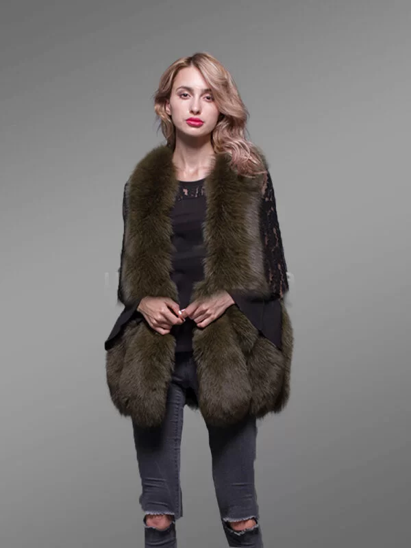 Women’s Super Stylish and Unique Real Fox Fur Winter Vest in Rich Olive - Image 5
