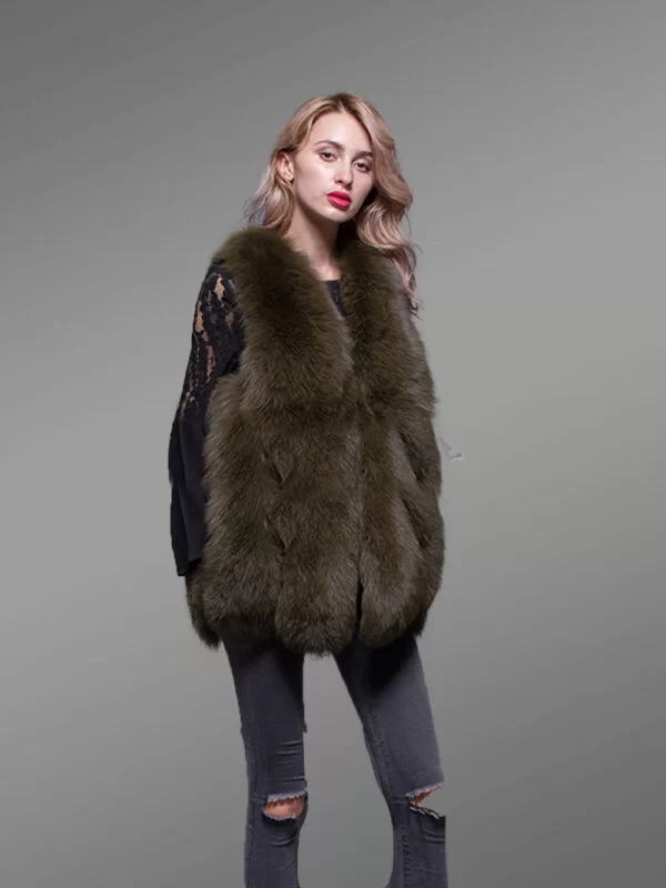 Women’s Super Stylish and Unique Real Fox Fur Winter Vest in Rich Olive - Image 6