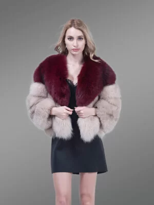 v cut neck real fox fur bi-color winter outerwear