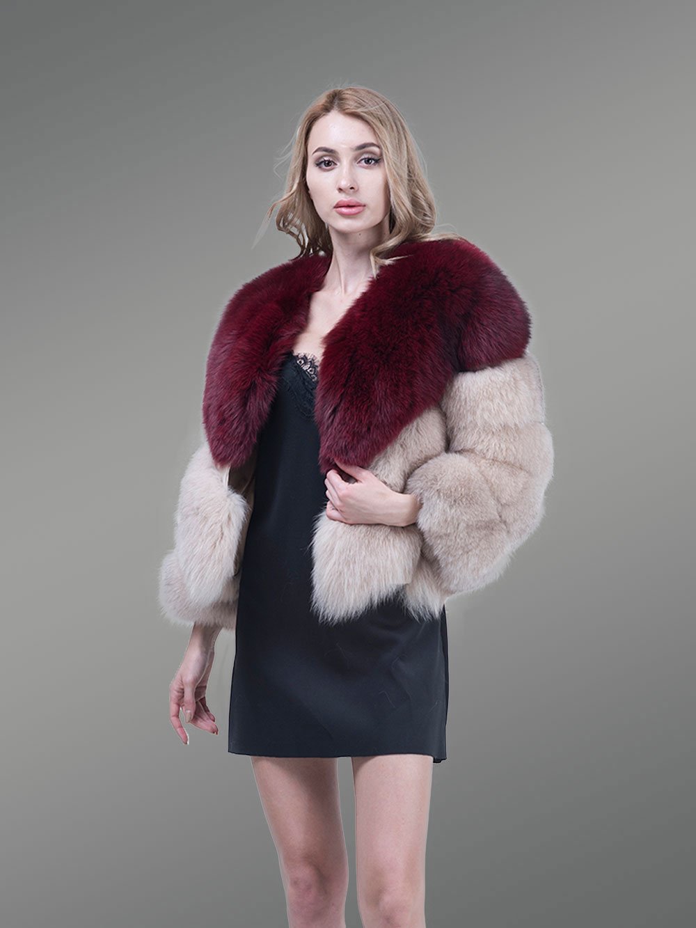 Women’s Stylish V Cut Neck Real Fox Fur Bi-Color Winter Outerwear - Image 4