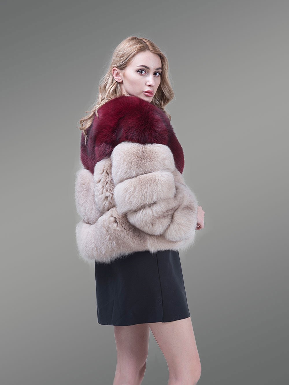 Women’s Stylish V Cut Neck Real Fox Fur Bi-Color Winter Outerwear - Image 5