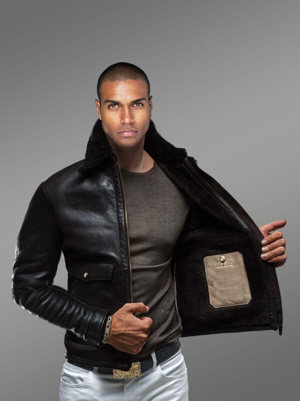 Aviator Sheepskin Jacket with Authentic Black Fox Fur Collar - Image 3
