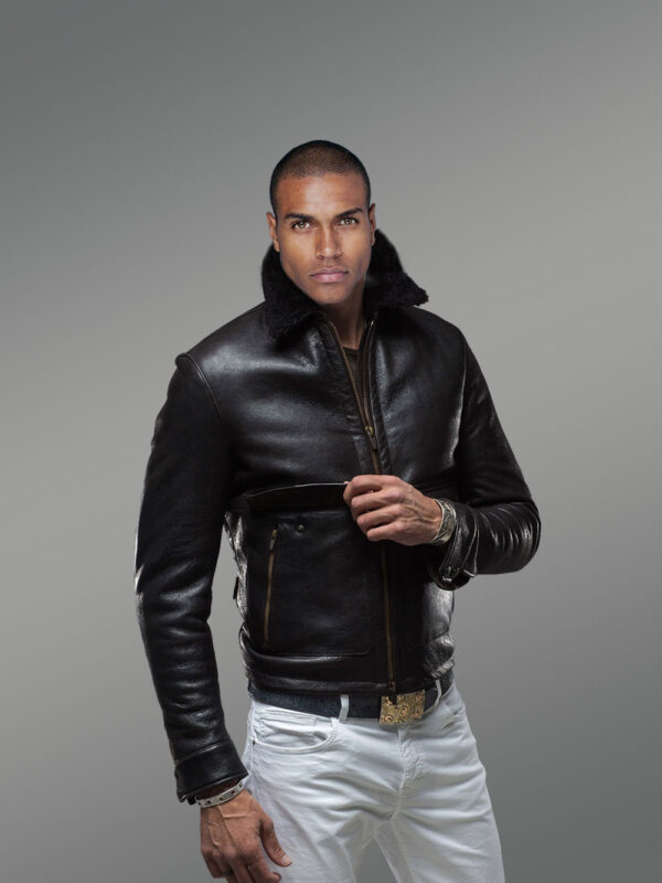 Aviator Sheepskin Jacket with Authentic Black Fox Fur Collar - Image 4