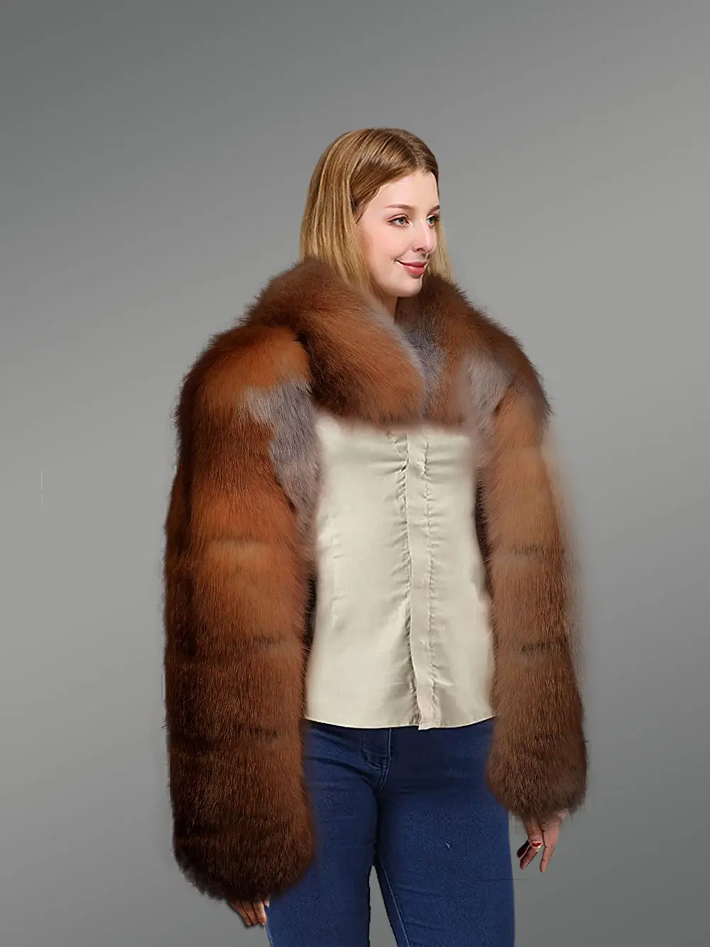 Red Fox Fur Sleeves with Scarf cum stole for Women - Image 2