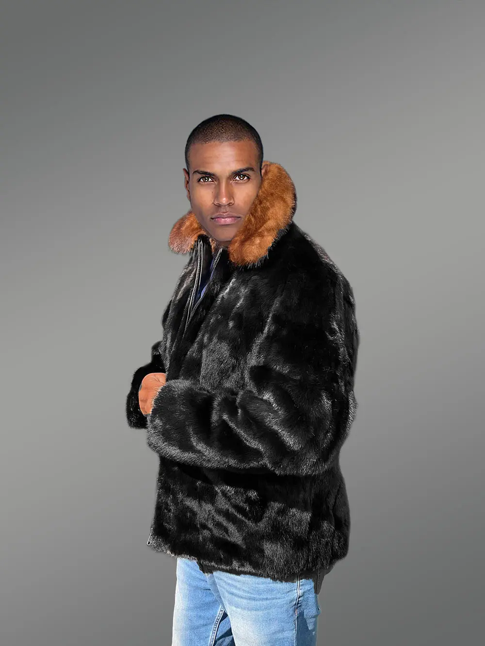 Men’s Mink Fur Bomber Coat with Double Mink Collar - Image 6