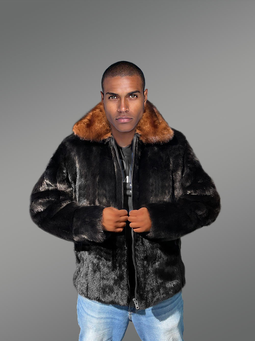 Mink Fur Bomber Coat with Double Mink Collar