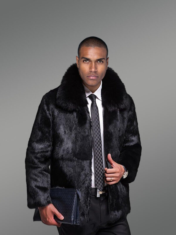 Black Rabbit Fur Coat with Fox Fur Collar - Image 2