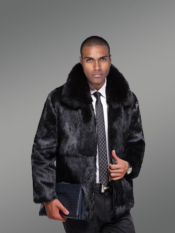 Black Rabbit Fur Coat with Fox Fur Collar - Image 3