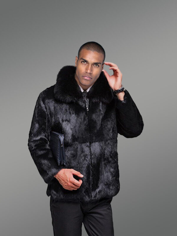Black Rabbit Fur Coat with Fox Fur Collar - Image 4