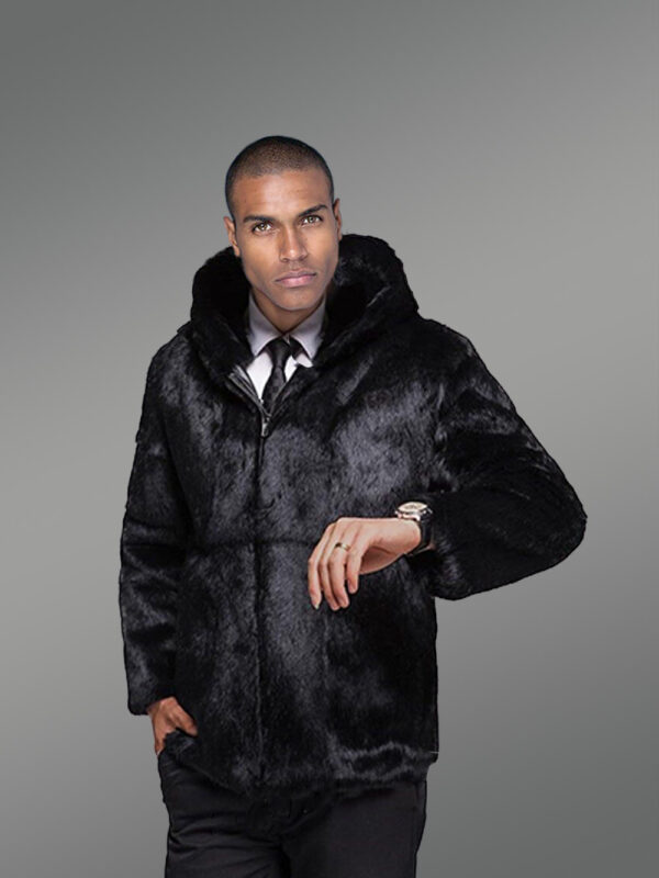 Black Rabbit Fur Coat with Fox Fur Collar - Image 5