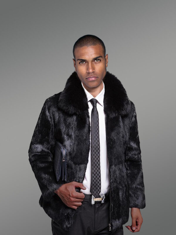 Black Rabbit Fur Coat with Fox Fur Collar - Image 6