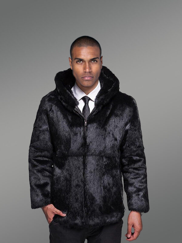 Black Rabbit Fur Coat with Fox Fur Collar - Image 7