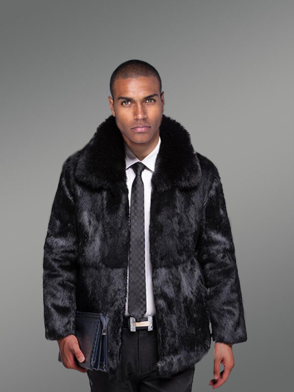 Black Rabbit Fur Coat with Fox Fur Collar - Image 8
