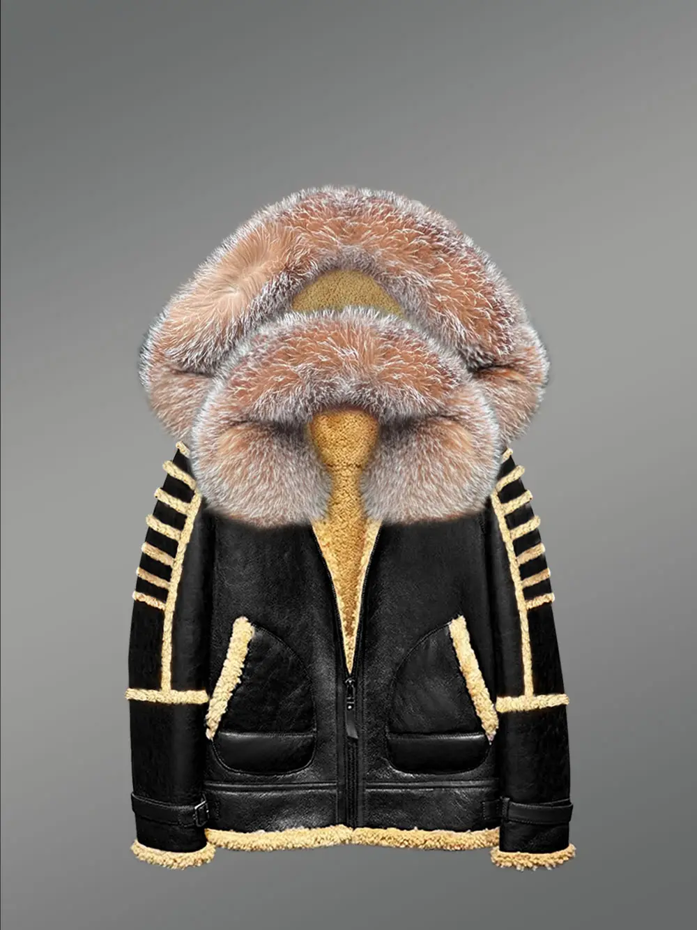 Black Shearling Hood Jacket With Dual Hood For Maximum Protection
