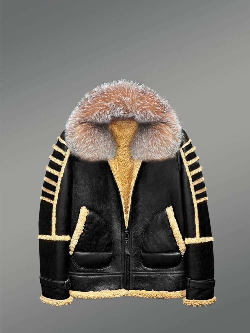 Black Shearling Hood Jacket With Dual Hood For Maximum Protection - Image 2