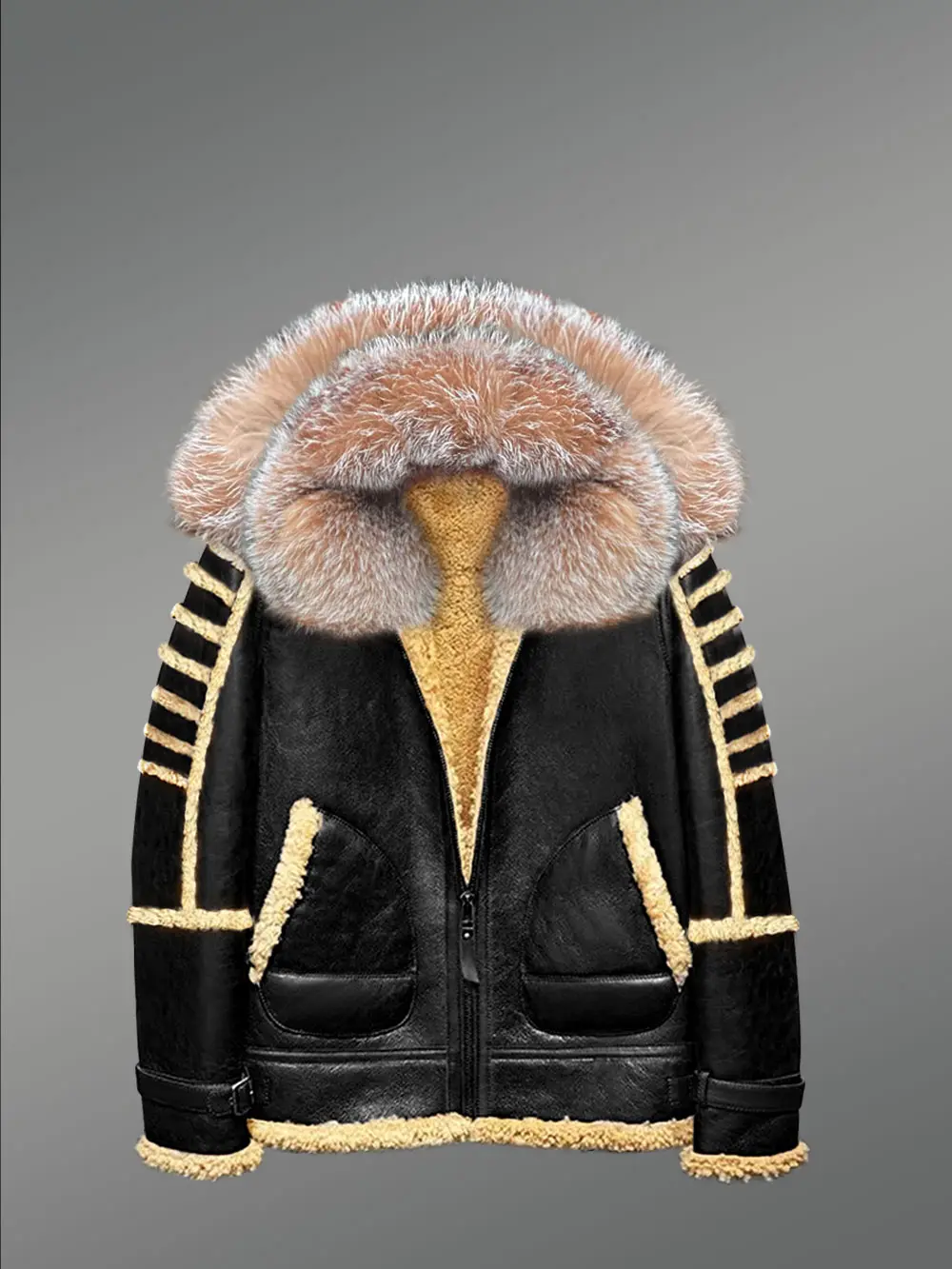 Black Shearling Hood Jacket With Dual Hood For Maximum Protection - Image 3