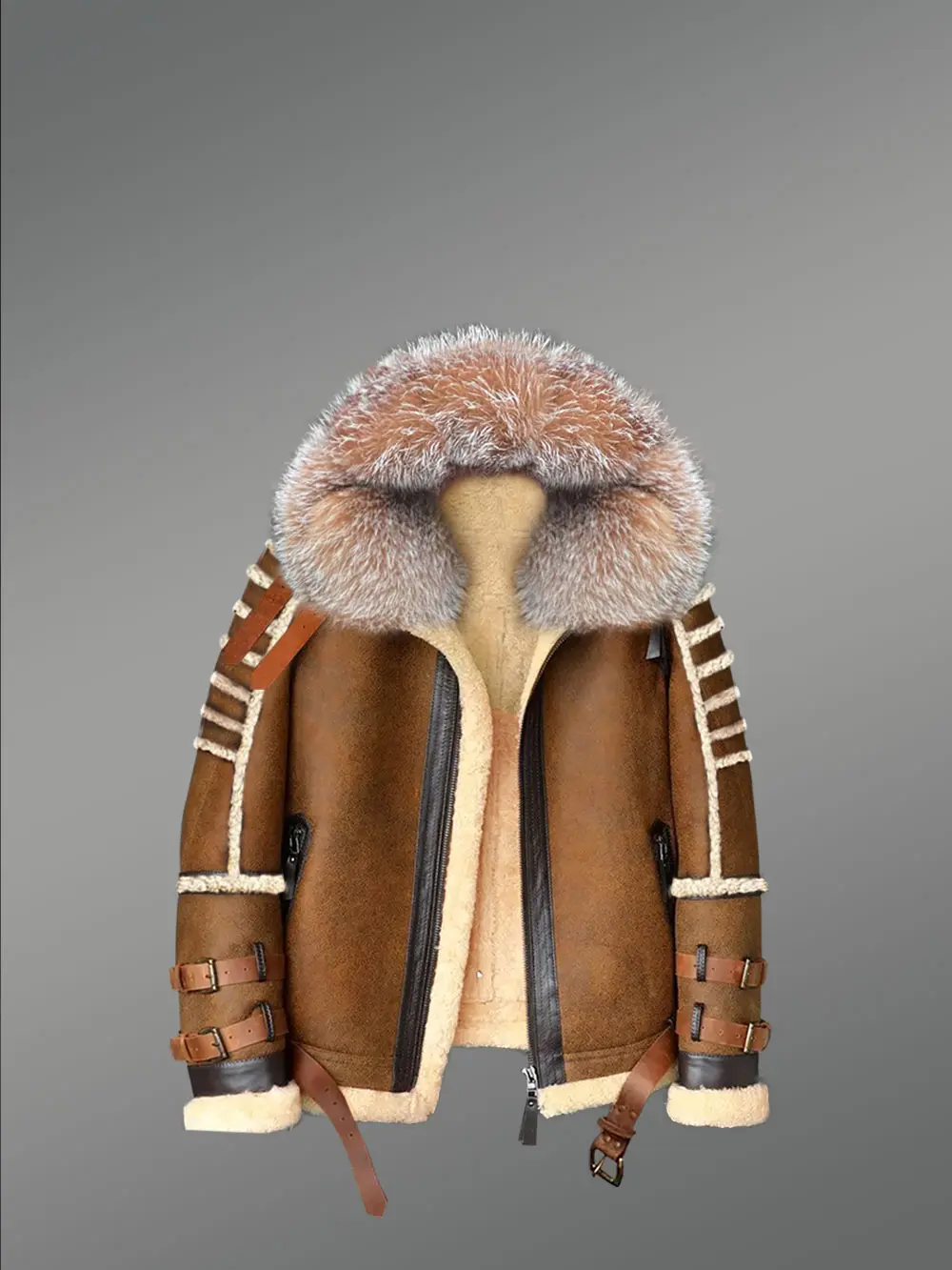 Classic Sheepskin Bomber Jacket with Detachable Hood - Image 2
