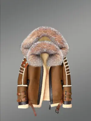 Classic Sheepskin Bomber Jacket with Detachable Hood
