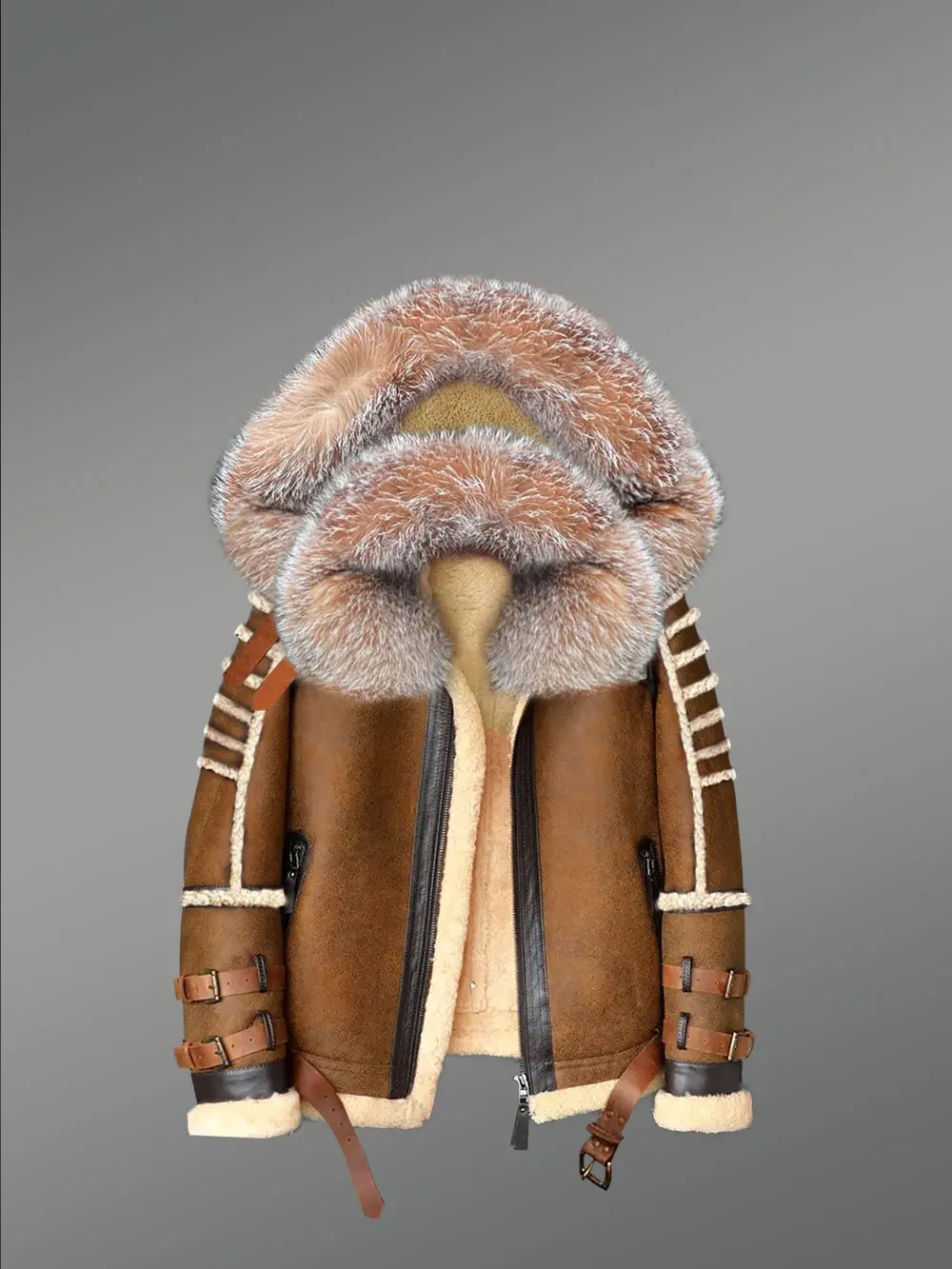Classic Sheepskin Bomber Jacket with Detachable Hood