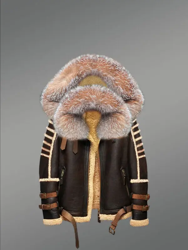 Designer Brown Shearling Jacket with Crystal Fox Fur Trims on Collar & Hood